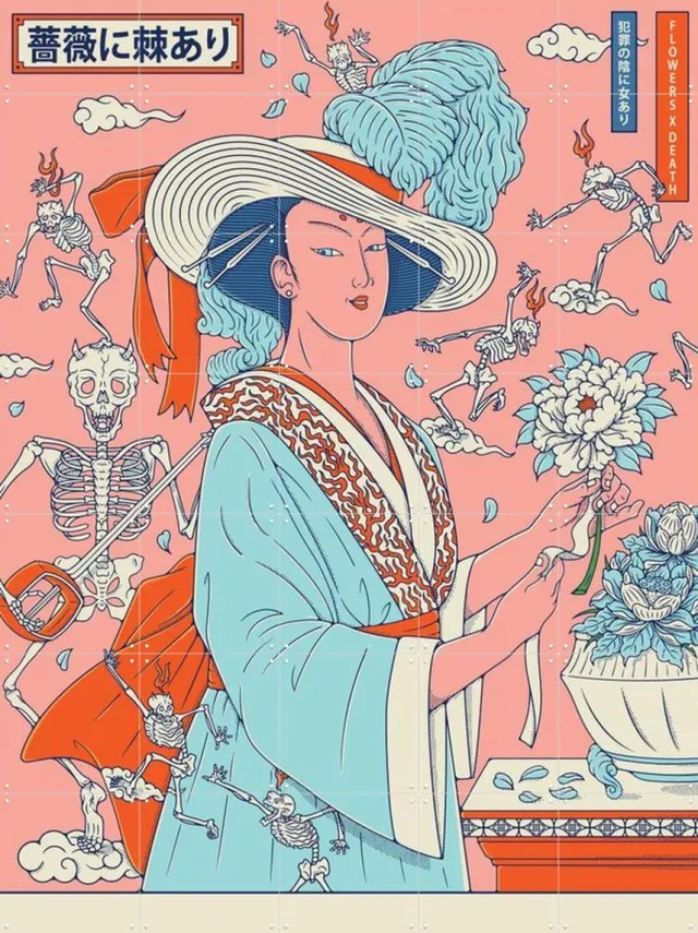 IXXI Flowers x Death, Ryan Ragnini - 100 x 140 cm - Grote wanddecoratie en posters - Speels, Digitale Kunst, Ukiyo-e, Grafisch Ontwerp, Kleurrijk Roze