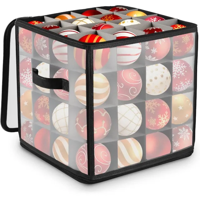 Famanu 64 kerstballen opbergdoos voor set van 64 kerstballen kerstboom decoratie organizer Kleur van het zwarte rooster