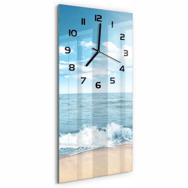 TULUP Wandklok - Strand Glazen Wandklok Design - 30x60 cm - Blauw Klok Glas Met Opdruk - Zwarte handen - Rechthoekige Klok - Wandklok Glas Met Motief - Decoratieve Glazen Klok