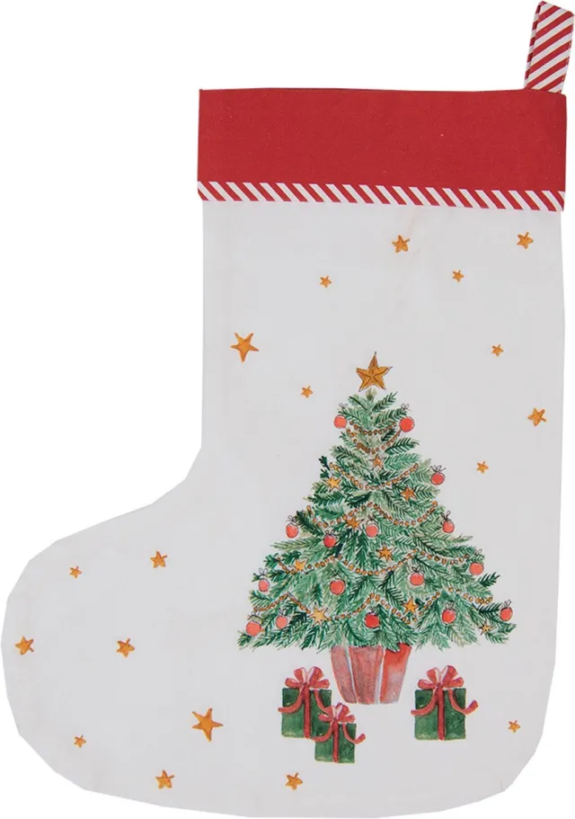 Clayre & Eef Kerstsok Decoratie Kerstsok 30x40 cm Wit Rood Katoen Kerstboom Kerstsok Hanger