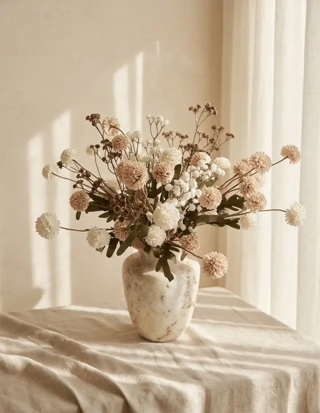 Studio Bloomelle Pompon/Kiku Gipskruid Arrangement - Kunstboeket - Neutrale Warme Tinten - Zijde Kunstbloemen - ± 51-61cm - 13 Stelen - Perfect voor Bruiloft of Home Styling - Perfect als Cadeau Boeket Sienna - Wit/Bruin/Beige/Roze