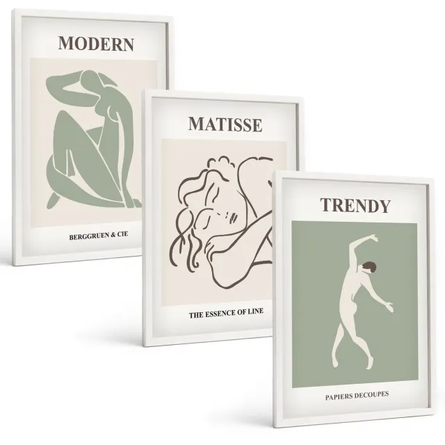 TULUP 3-Delige Schilderij Set - Stijlvolle personages in minimalistische vormen en kleuren. - 40x60 - Decoratieve Muurdecoratie - Slaapkamer Witte lijst