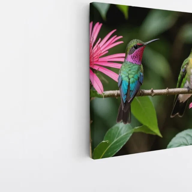 Saammp Canvas Schilderij - 2 Kolibries - Dieren - Bloemen - 100x100 - Foto op canvas - Wanddecoratie - muurdecoratie Woonkamer - Slaapkamer decoratie - Canvas Print Multicolor