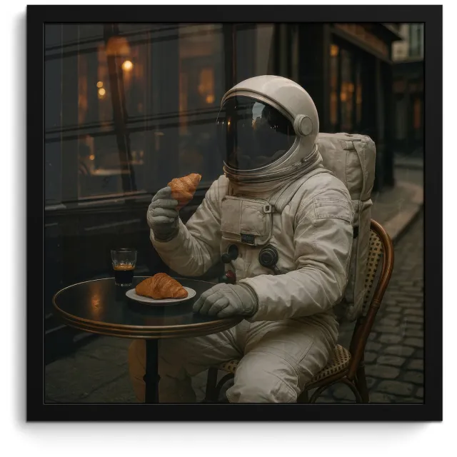 FrameYourWall Poster in lijst - Fotolijst 40x40 cm - Posters - Café - Croissant - Koffie - Astronaut - Posterlijst zwart - Decoratie - Wanddecoratie woonkamer - Muurdecoratie slaapkamer