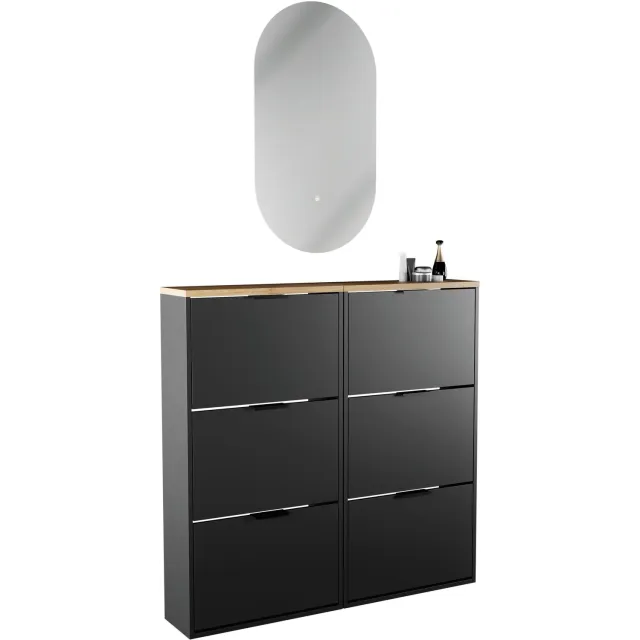 Planetmöbel STIVIO - Schoenenkastset 60 cm - Zwart - 3-delig - 2x 3 kleppen met LED-spiegel 3 kleppen, Zwart