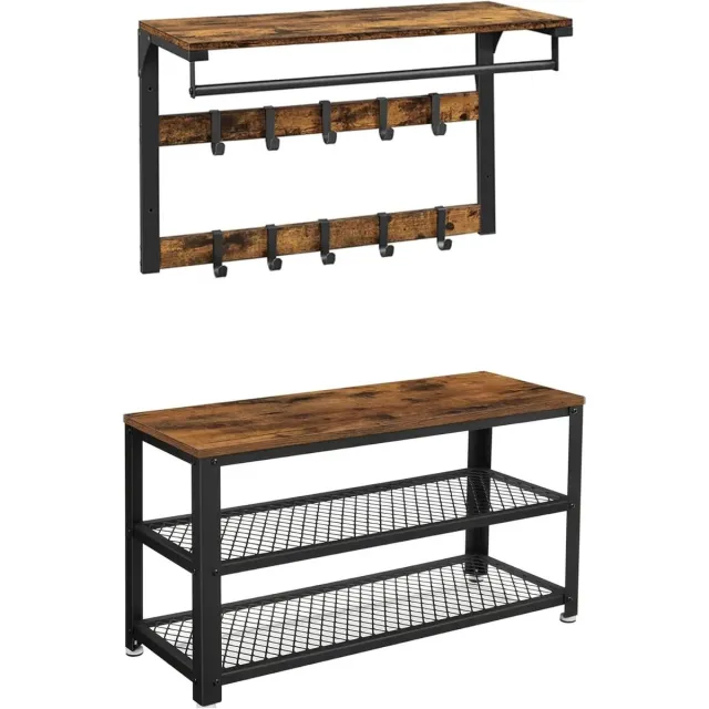 Archi Garderobeset 2-delig – Kapstok - Wandgarderobe met Schoenenbank – Halmeubel met 10 Haken – Industrieel Design – Bruin/Zwart