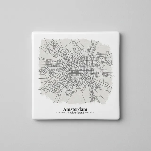 Nevolis Amsterdam Stadskaart Keramische Tegel – Vintage Straatkaart Wanddecoratie – Minimalistische Stadsdecoratie Souvenir – 15 × 15 cm Multi Color