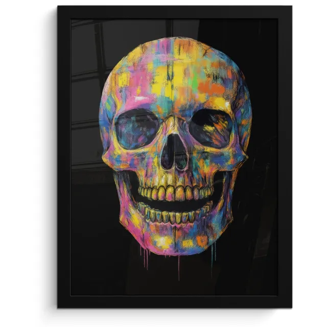 FrameYourWall Poster in lijst - Fotolijst 30x40 cm - Posters - Penseelstreken - Schedel - Kleurrijk - Abstract - Posterlijst zwart - Decoratie - Wanddecoratie woonkamer - Muurdecoratie slaapkamer Schedel - Penseelstreken