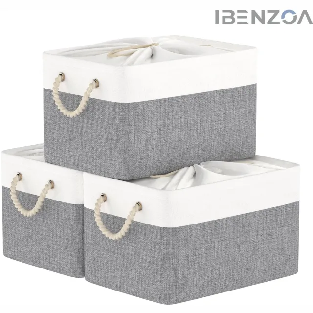 Ibenzoa Opbergbox - Set van 3 - 37x26x20 cm - Wit/Grey - Canvas