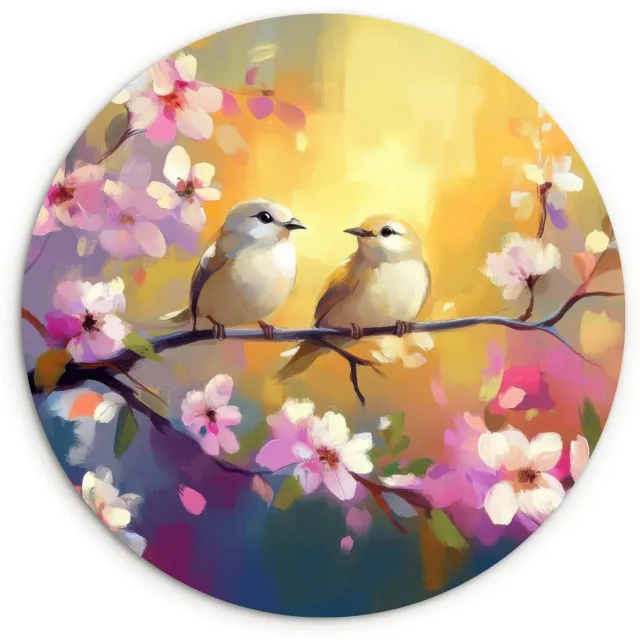 WallCircle Wandcirkel 60x60 cm - Muurcirkel Vogels - Bloemen - Roze - Muurdecoratie woonkamer - Wanddecoratie slaapkamer - Kamer decoratie accessoires - Ronde schilderijen
