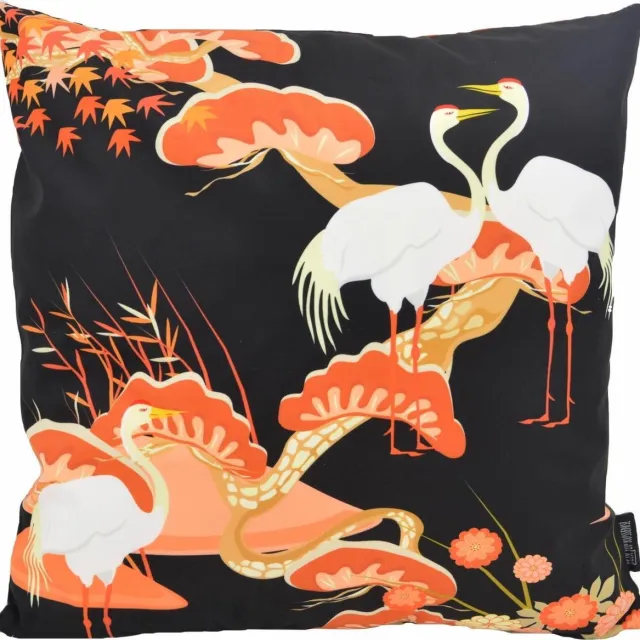 Gek op Kussens! Kraanvogel #4 / Crane Birds Kussenhoes | Katoen / Polyester | 45 x 45 cm zwart/oranje