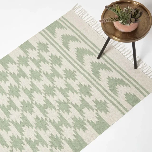Homescapes Handgeweven katoenen tapijt uit Turijn - crèmegroen patroon, 160 x 230 cm Groen-Natuur