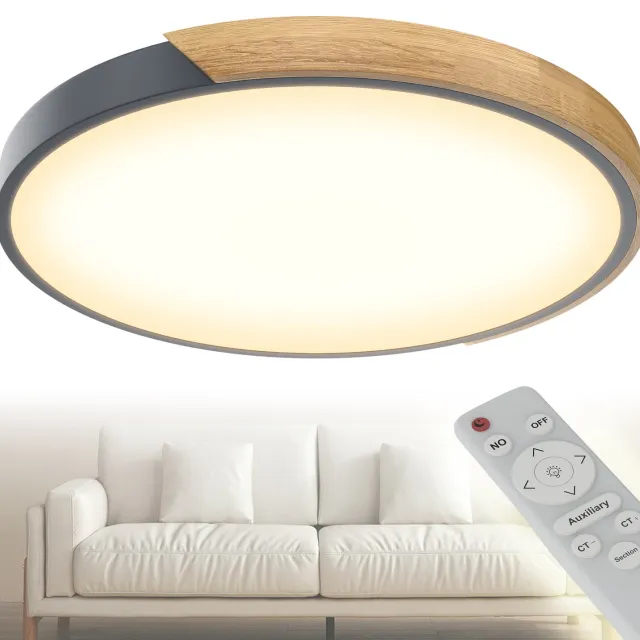 Froadp Plafondlamp hout LED-plafondlamp hout Moderne plafondlampen Ronde lampen Plat Woonkamerlamp Slaapkamerlamp Lamp hout voor keuken Lounge - Grijs frame - 96W Dimbare Met afstandsbediening Grijs dimbaar
