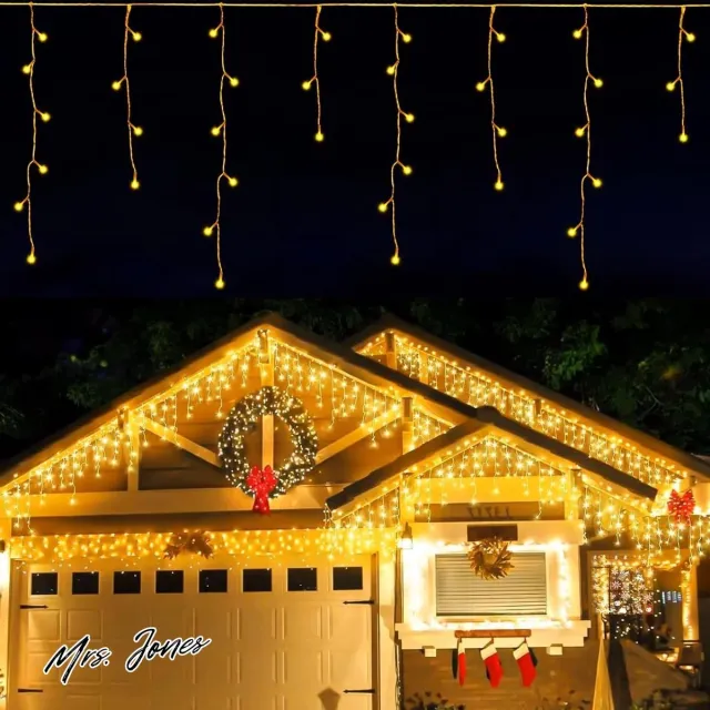 Mrs. Jones Kerstverlichting buiten ijsregen14M 360 LED elektriciteit met stekker 8 standen ijspegel lichtgordijn voor dakranden trappen balustrades raam balkon tuin Kerstmis .