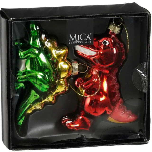 Mica Decorations kerstornament dinosaurus - glas (2 stuks) Rood