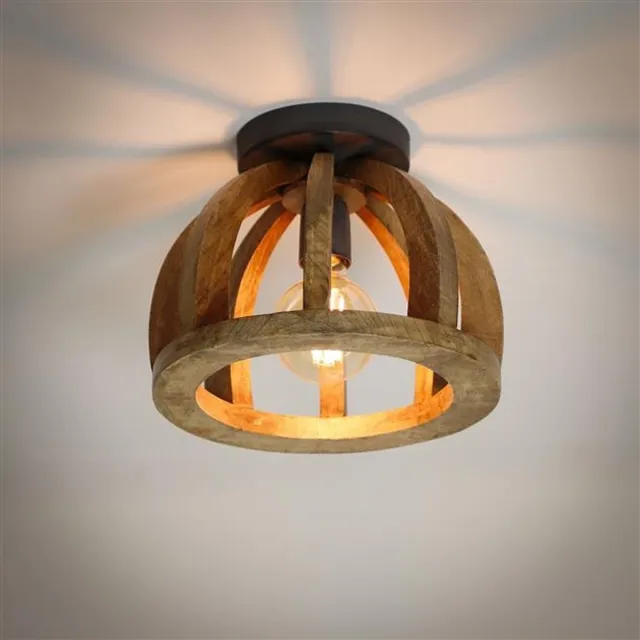 PS-Collection Gebogen Houten Spijl Plafondlamp - 30x30x24cm - Naturel - Mangohout - plafondlampen, plafonniere, plafondlamp zwart, plafond lamp, plafondlamp led, plafondlamp industrieel Bruin