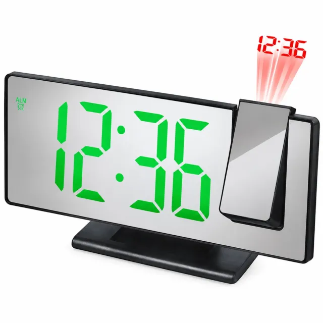 SWGOTA Digitale LED-projectiewekker met groene cijfers, automatische lichtdetectie, spiegelend front en tafelvoet - zwart