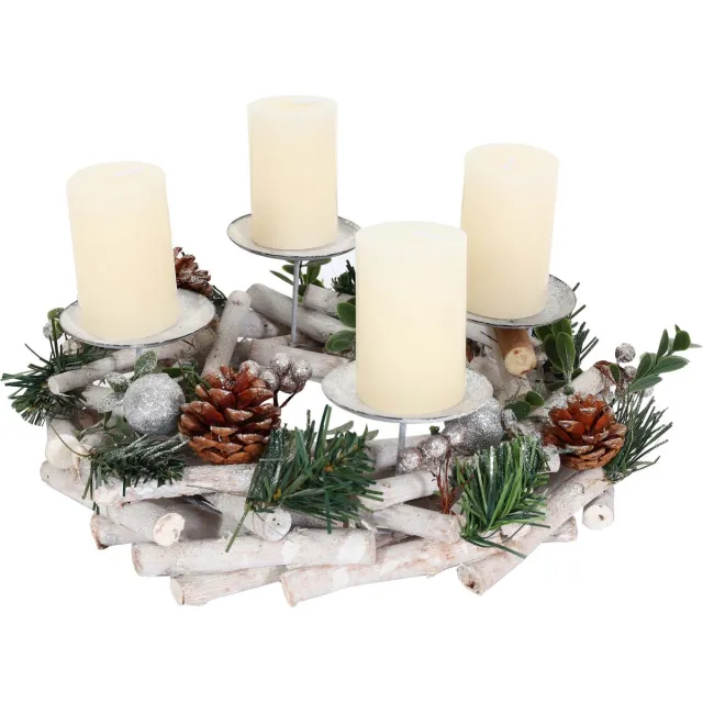 Cosmo Casa Adventskrans - Handgemaakte Details - Fonkelende Ornamenten - Populier - Metaal - Zilver Wit - Ø 30cm met Kaarsen