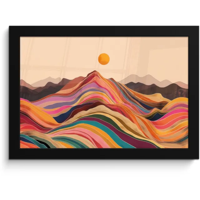 FrameYourWall Poster in lijst - Fotolijst 30x20 cm - Posters - Zon - Kleurrijk landschap - Bergen - Posterlijst zwart - Decoratie - Wanddecoratie woonkamer - Muurdecoratie slaapkamer Zon - Bergen - Kleurrijk