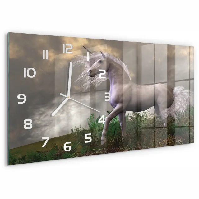 TULUP Wandklok - Grijze Eenhoorn Klok Glas Met Opdruk - 60x30 cm - Grijs Moderne Wandklok Glas - Witte handen - Rechthoekige Klok - Decoratieve Glazen Klok - Glazen Wandklok Design