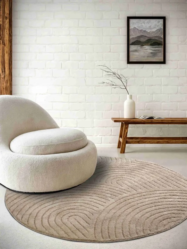 Elle Decoration Flycarpets Rond Japandi vloerkleed laagpolig - New York Design - Panglao Beige 200cm rond Ø