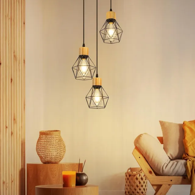 Glitzerlife Hanglampen - Vintage Industriële Stijl - 3xE27 - Hoogteverstelbaar - Metaal Hout Materiaal- Zwart - Hanglamp Eetkamer Woonkamer Keuken - Hanglampen Eetkamer Industrieel Zwart Schijf