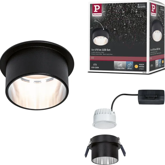 Paulmann LED-inbouwlamp 3-Step-Dim Gil Coin IP44 rond 68 mm Coin 6W 470lm 230V dimbaar 2700K Zwart mat, Staal geborsteld