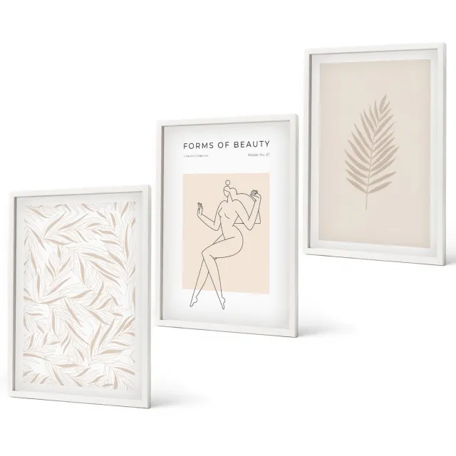 Coloray 3-Delige Schilderij Set - Minimalistische Stijl Met Botanische Motieven - 40 x 60 - Wanddecoratie - Schilderijen Set - Kantoor - Muurdecoratie Witte lijst
