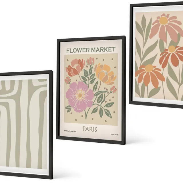 Coloray 3-Delige Schilderij Set - Poster Met Botanische Motieven, Parijse Minimalistische Stijl - 40 x 60 cm - Wanddecoratie - Schilderijen Set - Kantoor Zwarte lijst