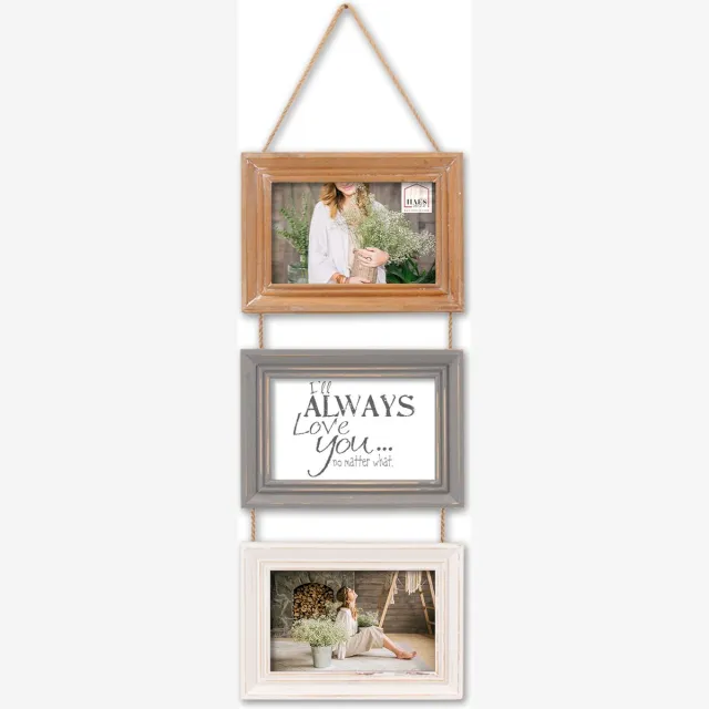 HAES deco Houten Multi Fotolijst Nancy in de vintage kleuren bruin, grijs en wit voor 3 foto's 10x15 (formaat 19 x 61 cm) - MP132 Multicolor