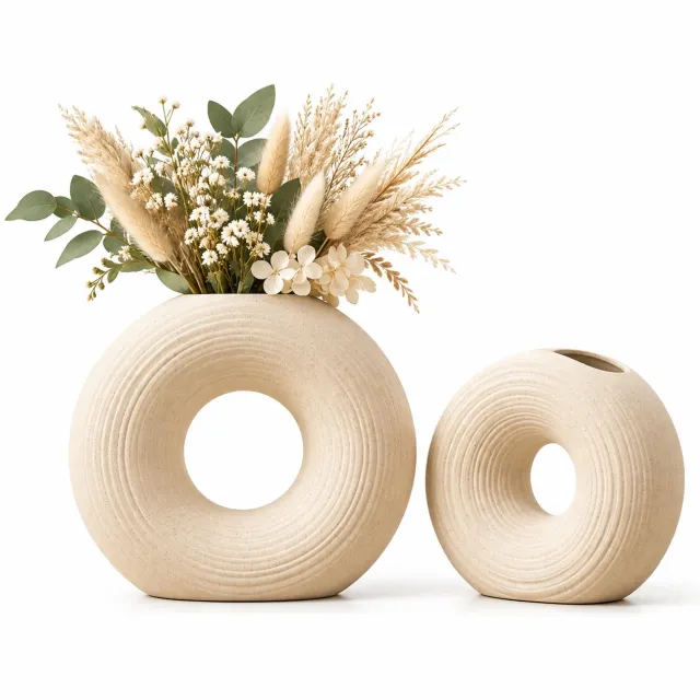 LUXALIVING Vazen Set van 2 – Beige Keramische Donut Vazen – Ronde Bloemenvazen – Moderne Decoratie – Voor Woonkamer en Slaapkamer