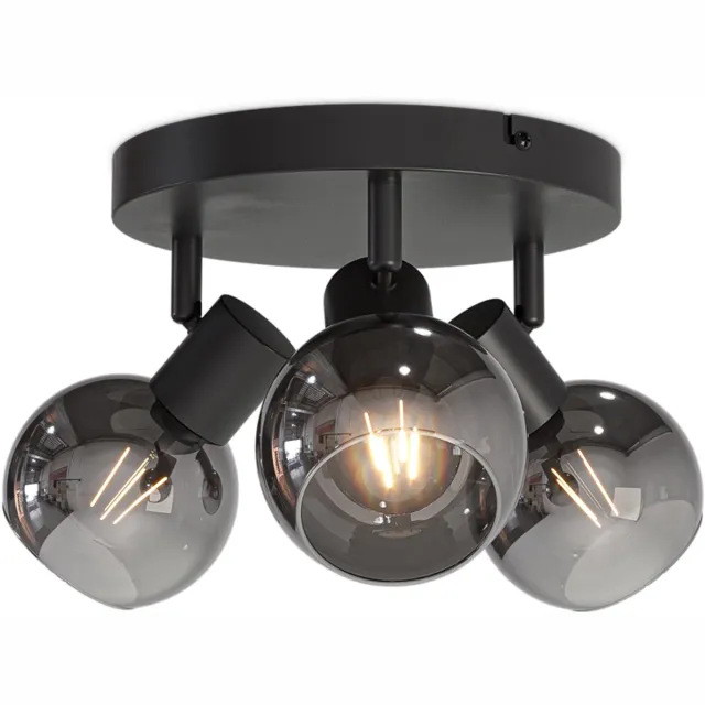 HOFTRONIC Glazura LED Plafondlamp rond - Glazen Bollen - Smoke Glas - 3 spots (excl.) - E14 fitting - Zwart - IP20 - Plafondlamp Rookglas - Afzonderlijk kantelbaar & draaibaar - 2 jaar garantie