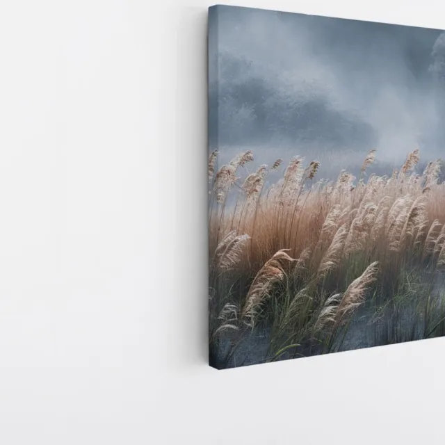 Saammp Canvas Schilderij - Hoog gras in de mist - Zonsondergang - Landschap - Natuur - 60x60 - Foto op canvas - Wanddecoratie - Muurdecoratie Woonkamer - Slaapkamer decoratie - Canvas Print Multicolor