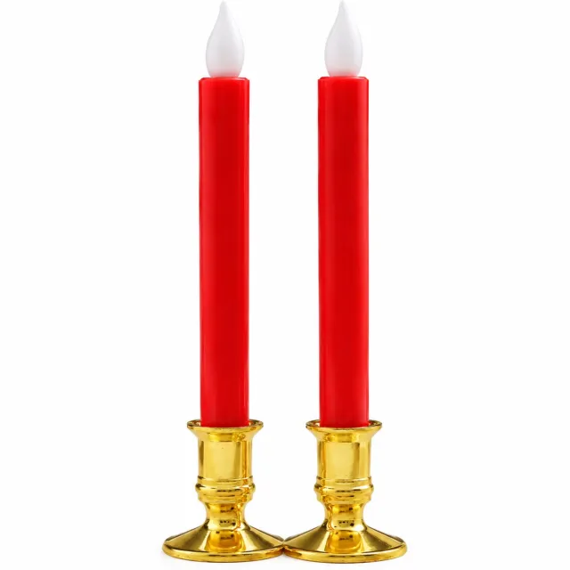 SWGOTA led kaarsen, set van 2 rode staafkaarsen met goudkleurige voetjes en vlamvormige top, voor bruiloften en kerkdecoratie Rood