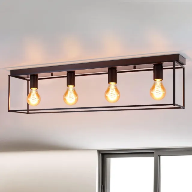 Glitzerlife Plafondlamp - Industriële Plafondverlichting Vintage - 4xE27 Fitting - Zwart Metalen Vierkant Frame - Keukenlamp Woonkamer Lamp - Hal Lamp Slaapkamer Lamp - Warm Licht - 80 cm - Zwart Zwart 4 Flammig