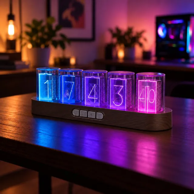 Wedjis Nixie tube klok – Digitale Klok – Vaderdag cadeau – kunststof – acryl display – incl. USB-stroomkabel - Hout - Bruin