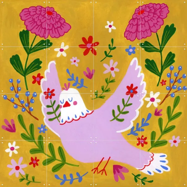 IXXI In Het Nu, Kirsten Blom Art & Illustration - 80 x 80 cm - Grote wanddecoratie en posters Woonkamer, Gang, Vogels Geel / Paars