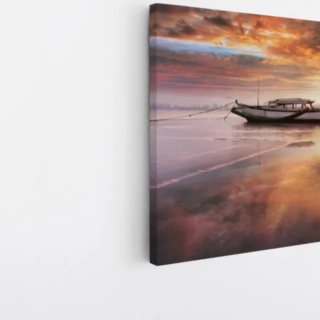 Saammp Canvas Schilderij - Boot in zonsondergang - Abstract - 100x100 - Foto op canvas - Wanddecoratie - Muurdecoratie Woonkamer - Slaapkamer decoratie - Canvas Print Multicolor