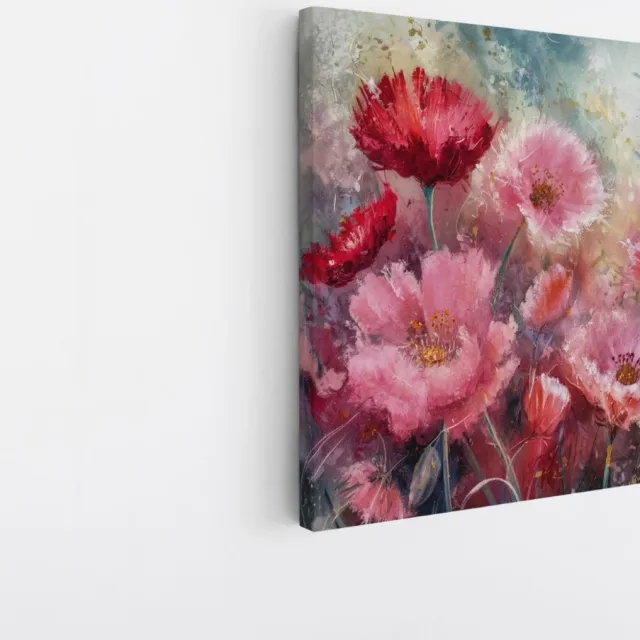 Saammp Canvas Schilderij - Roze met rode bloemen - Abstract - 100x100 - Foto op canvas - Wanddecoratie - Muurdecoratie Woonkamer - Kantoor Decoratie Multicolor