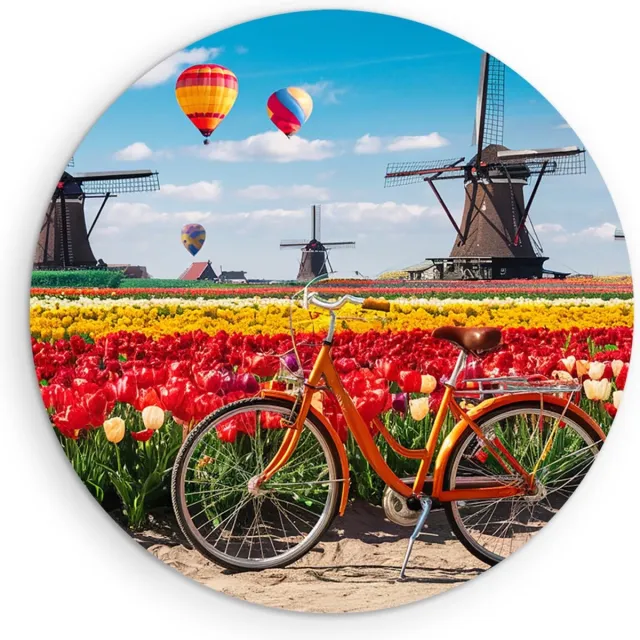 Saammp Forex Muurcirkel - Fiets - Molens met Tulpenvelden - Natuur - Ø 50 - Wandcirkel - Wanddecoratie Cirkel - Muurdecoratie Woonkamer - Slaapkamer decoratie - Rond Schilderij