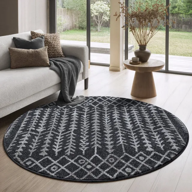 Muratap Boho Rond Vintage Kelim Laagpolig Vloerkleed Zwart/Grijs- 150 CM Ø