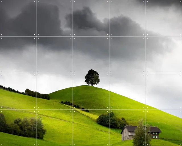 IXXI Swiss Green Hills, Claire Droppert - 100 x 80 cm - Grote wanddecoratie en posters - Fotografie, Naturalisme, Woonkamer, Studeerkamer, Slaapkamer Grijs / Groen