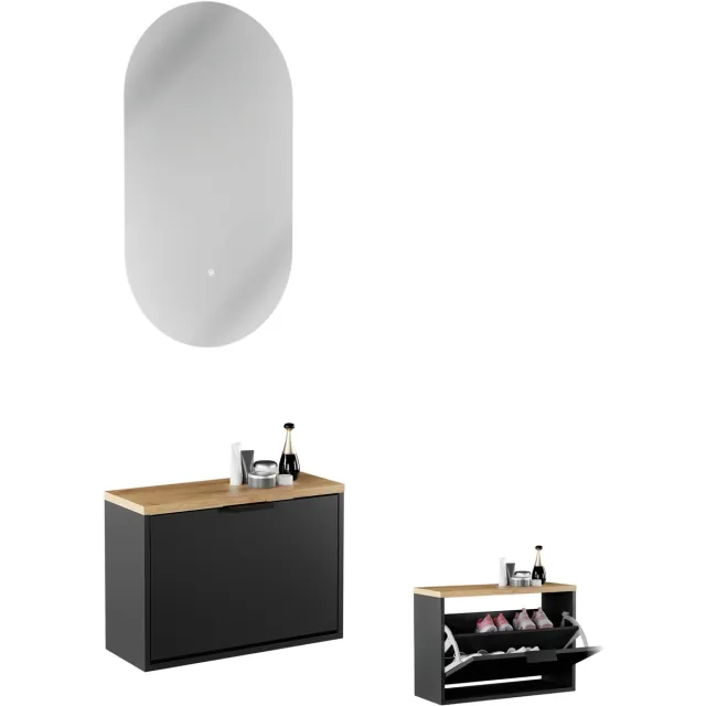 Planetmöbel STIVIO - Schoenenkast 60 cm met LED-spiegel - Zwart - 2-delig - Slechts 23 cm diep 1 klep, Zwart