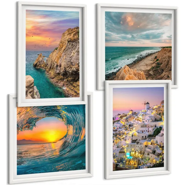 TULUP 4-Delige Schilderij Set - Uitzicht op de zee, de golven en de witte huizen op Santorini, Griekenland - 40x40 en 40x60 - Muurdecoratie - Interieur Decoratie Witte lijst