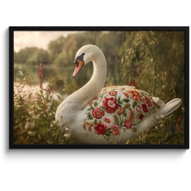 FrameYourWall Poster in lijst - Fotolijst 90x60 cm - Posters - Zwaan - Bloemen - Natuur - Posterlijst zwart - Decoratie - Wanddecoratie woonkamer - Muurdecoratie slaapkamer