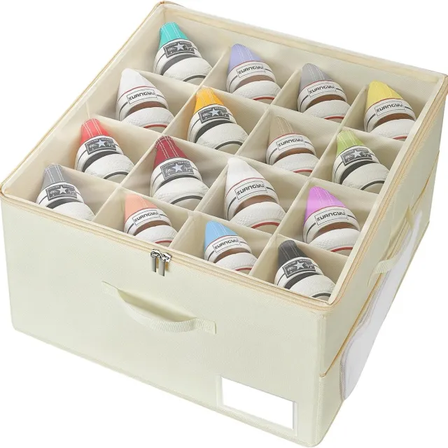 Famanu Ruimtebesparende schoenenorganizer, past op 16 paar, schoenenorganizer voor kast, doorzichtig deksel, grote schoenenopslag, opbergdoos met netvak en draaggreep (beige)
