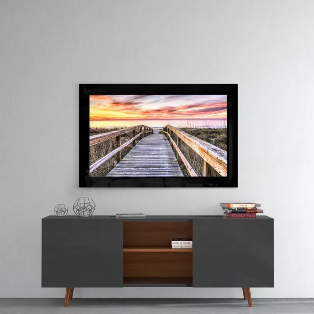 Insigne Art Glasschilderij – Duinpromenade bij Pastelkleurige Zonsondergang – Karaktervolle Glasdecoratie Meerkleurig