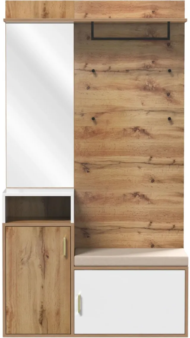 Happiq Wardrobe Set - Garderobeset met Spiegel, Kapstokhaken, Schoenenkast - Modern Design met LED Verlichting 16 Kleuren, Hout Wit B