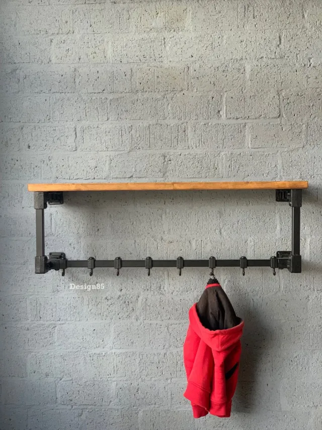 Design85 Industriële Wandkapstok met Hoedenplank – Steigerbuis Kapstok van Hout & Zwart Staal – Design85