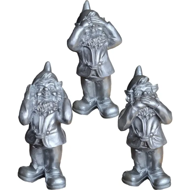 Inspiring Minds Tuinkabouter Horen, Zien en Zwijgen tuin kabouters 30cm Zilver | Inspiring Minds